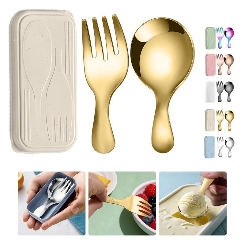 Outdoor Camping Cooking Set - Edelstahl-Geschirr-Set, Löffel, Gabel, 2-teilig, tragbar, mit