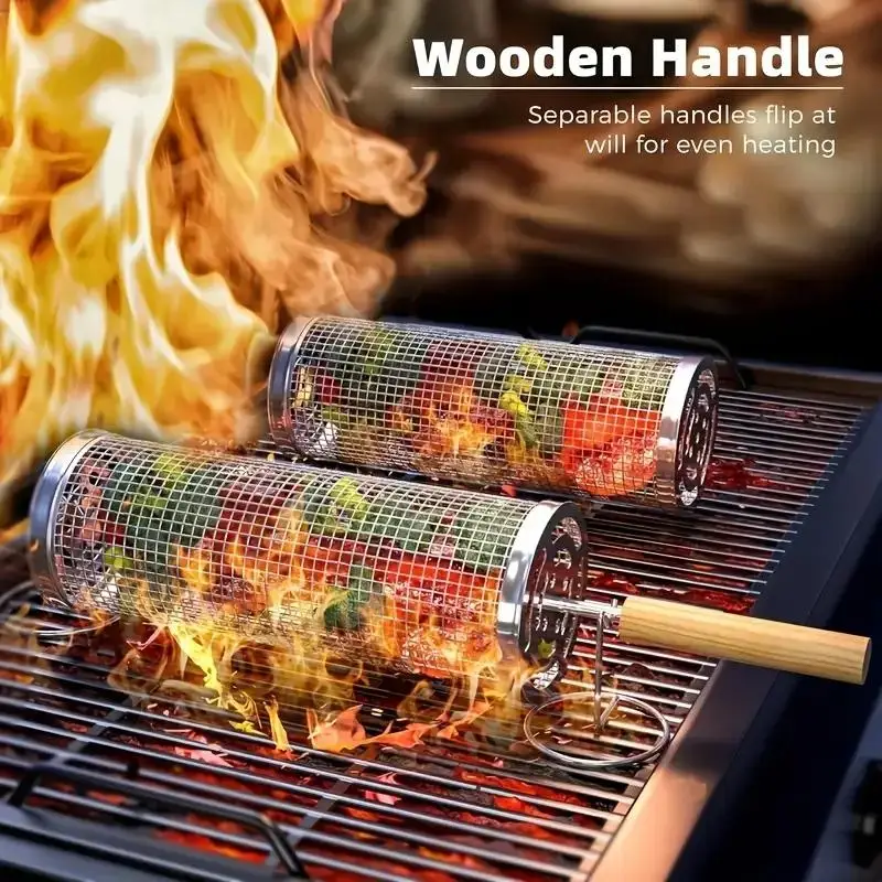 Outdoor Camping Bbq - Edelstahl-Grillkorb, Runder Rollender Zylinderkäfig, Drahtgeflecht-Drehrost für